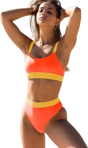 ZINPRETTY Women High Waisted Bikini Set Sports Color Block Swimsuit - NEW - Picture 1 of 8