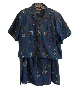 VTG Geometric Plus 2 PC Size 2X Denim Shirt Skirt Southwest 80s 90's Fun Outfit - Picture 1 of 12
