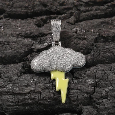 5AAA+ CZ Hop Hip Ice Out Cloud & Lightning Pendant Chain 14k Real Gold Plated - Image 1 of 4