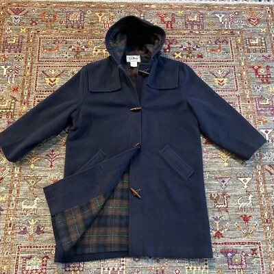 LL Bean Vintage Toggle Coat Size 12 Navy Blue Wool Hooded Plaid Lining Nice Cond - Image 1 of 4
