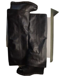 Chanel Boots Black Leather Tweed Chain Size 38 - Picture 1 of 7