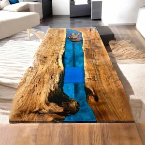 Rectangle Blue Resin Dining Table Natural Live Edge Wood Countertop Furniture - Picture 1 of 8