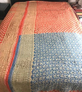Quilt Twin Cotton Kantha Orange/Rust/Black/Gray New Handmade Blanket Bedspread - Picture 1 of 4