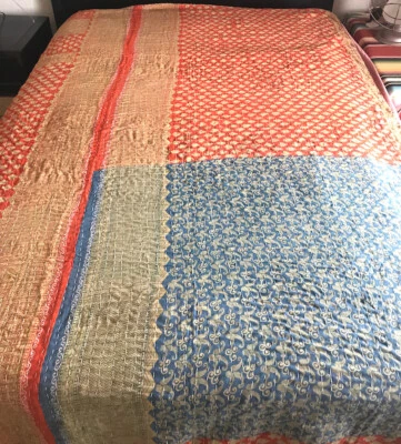 Colcha Colcha Doble Algodón Kantha Naranja/Óxido/Negro/Gris Nueva Hecha a Mano Manta Colcha Foto 1 de 4