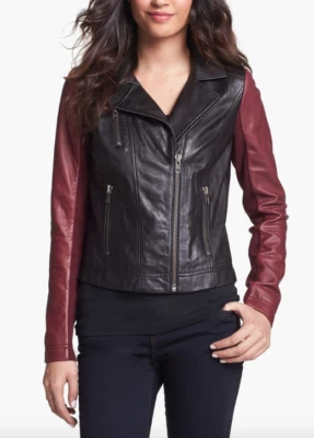 Halogen Womens Burgundy Black Colorblock Moto Leather Jacket Size 18W V5505 - Image 1 of 4
