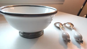 Lovely Pewter Finish Porcelain Salad Bowl w/Servers Godinger Siena Collection - Picture 1 of 9