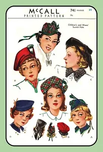 Misses/Girls SCOTCH Beret Cap Hats Fascinator McCall 741 Vtg 1939 Sewing Pattern - Picture 1 of 5