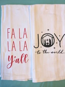 Juego de 2 toallas de cocina navideñas ~ FA LA LA & Joy To The World ~ 100 % algodón  - Imagen 1 de 5