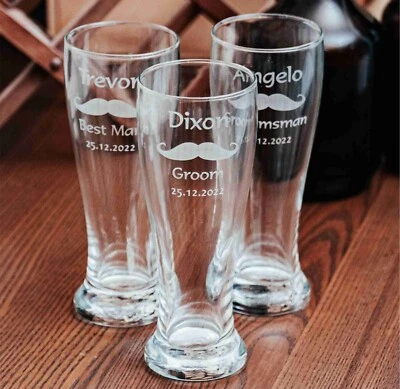 3 x Personalised Engraved 425ml  Schooner Beer Glass Wedding Favour Groomsman - image 1 of 4