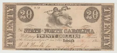 1862 State Of North Carolina $20 Dollar Note - Very Fine - Scarce - Raleigh, NC - Image 1 of 2