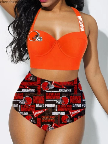 Cleveland Browns Women's Push Up Swimsuits High Waist Bikini Set Bathing Cloth Cover