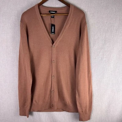 Express Cardigan Men XL Brown 100% Merino Wool Sweater Button Front Classic NWT - Image 1 of 4