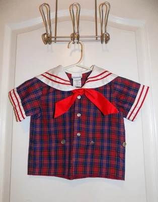Vintage Baby Boys C.I. CASTRO Sailor Shirt Red Blue Plaid Collared Sz 3T 80s - Image 1 of 4