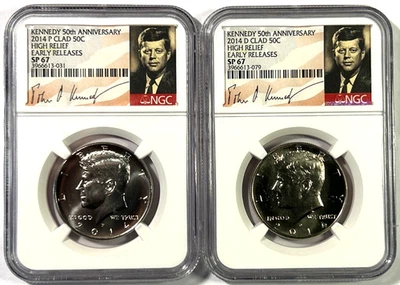 2014 P&D Kennedy High Relief 50th Anniversary Half Dollars SP67 Early Releases - Image 1 of 4