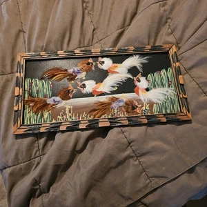 Mexican Bird Folk Art. Aztec Feather Art in Vintage Carved frame - Picture 1 of 3