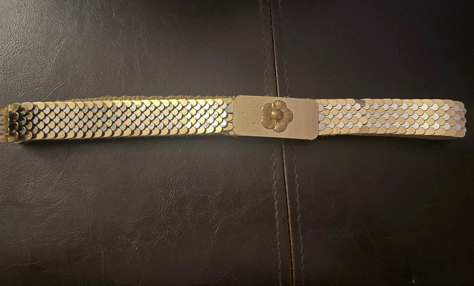 24" Vintage Gold Tone Metal Stretchable Mesh Disco/Dress Belt w/ Clasp Buckle - Image 1 of 1