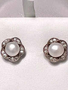 Sterling Silver Freshwater Cultured Pearl & Cubic Zirconia Flower Stud Earrings - Picture 1 of 9