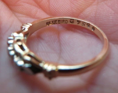 VIDEO 14K 18K ANTIQUE MINT BLUEBIRD VS DIAMOND ART DECO HEART WEDDING RING BAND - Image 1 of 4