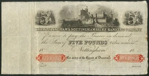 Nottingham & Nottinghamshire Banking Company, £5, new issue, unissued, 18--, AVF - Picture 1 of 1