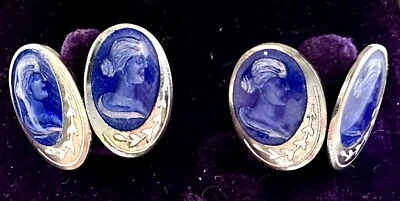 Antique Art Deco GUILLOCHE ENAMEL Blue & White Enamel Silver Metal Cufflinks - Image 1 of 4