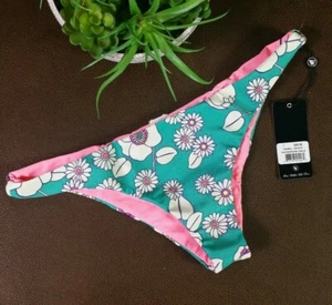 WILDFOX Swim L Brazilian Bikini Bottom Emerald Green sixties floral Reversible  - Picture 1 of 6