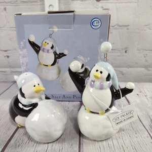 NIB Penguin Salt Pepper Set Let The Holiday Sparkle Cute Fun Playing Snow Ball - Picture 1 of 7