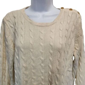 Classic Cream Cable Knit Sweater 1X with Shoulder Buttons Cozy Winter Pullover - Picture 1 of 6