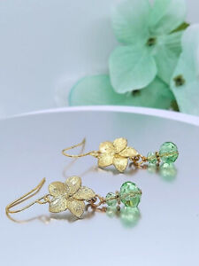 Gold Plumeria Flower Earrings, Ladies Floral Fashion Jewelry, Peridot Green