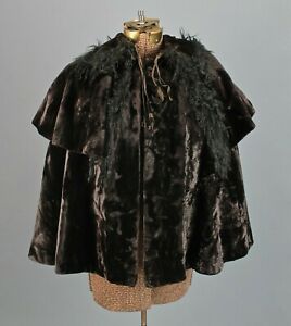 VTG Women's Antique Early 1900s Black Velvet Edwardian Cape w Fur Trim Sz S/M