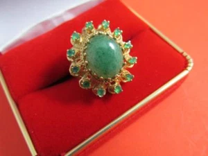 Jade And Emerald 14k Solid Yellow Gold Ladies Ring Unique - Picture 1 of 8