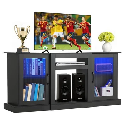 TV Stand for TVs up to 65 in Modern Entertainment Center with Glass Doors - Image 1 of 4