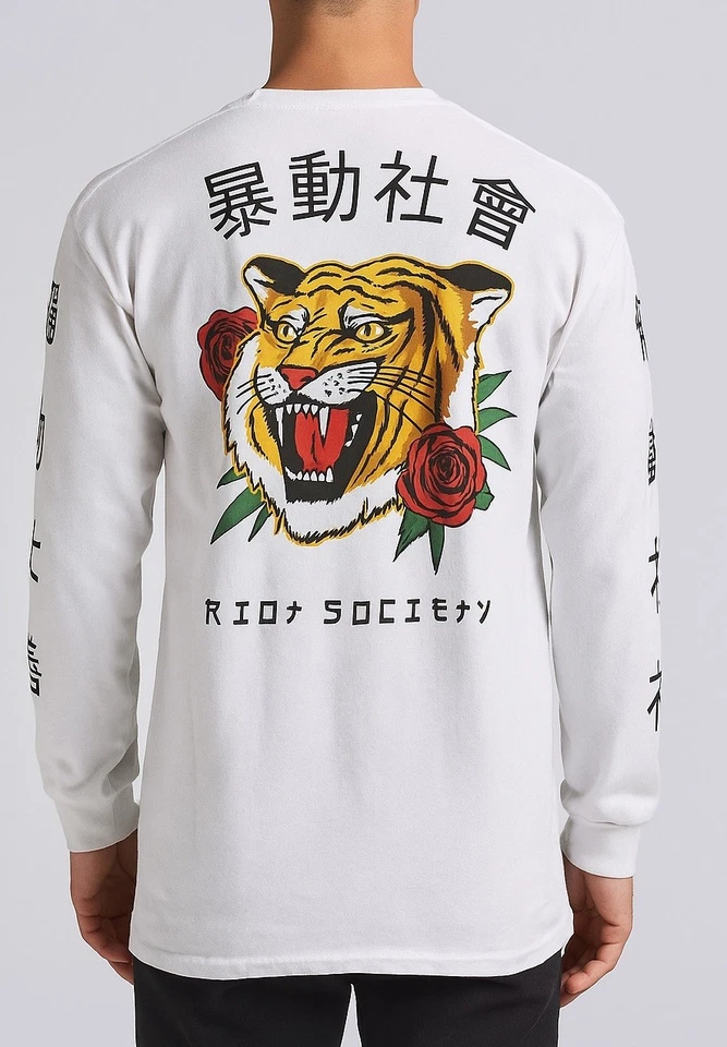 Camisa Riot Society Tiger Rose Manga Larga M Kanji Gráfico Streetwear Blanca Foto 1 de 4