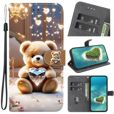 Wallet Case For iPhone Samsung Huawei Diamond Bear Card Flip Stand Phone Cover - Image 1 of 4