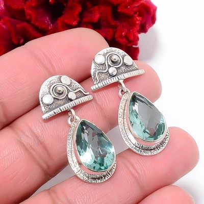 Brinco de prata esterlina 925 feito à mão designer de pedras preciosas apatita 1,56" E99036 - Imagem 1 de 4