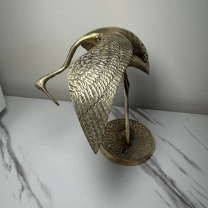 Vintage Messing Bogen Kranich Reiher Reiher Statue stehend auf Sockel 7” hoch x 7” breit - Bild 1 von 13