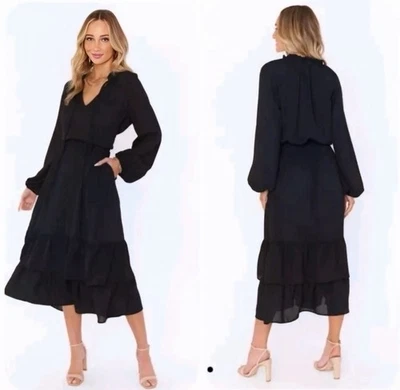 Vestido Show Me Your Mumu Para Mujer S Negro Cait Midi Volantes Satén Manga Globo Foto 1 de 4