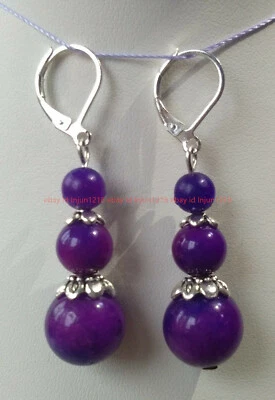 Pendientes de gancho de plata naturales de 6-8-12 mm redondos púrpura Sugilite Foto 1 de 4