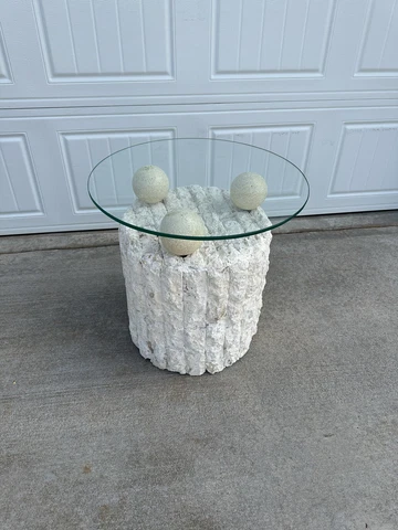Vintage 1980s postmodern Tessellated Travertine Stone Pedestal Accent Table Cover