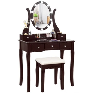 Vanity Table Set w/10 Light Bulbs and Touch Switch Makeup Dressing Table Brown - Picture 1 of 11