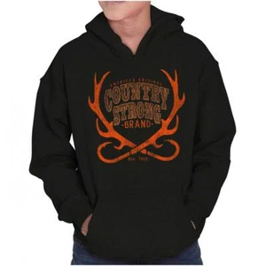 Country Strong Brand USA Deer Antlers Logo Youth Hooded Sweatshirt Boy or Girl - Picture 1 of 7