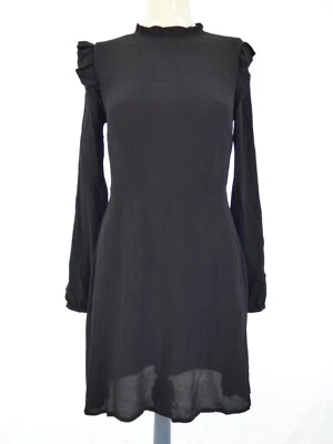 Black Dress Victorian Gothic Ruffle Trim Fit Flare Crepe Dark Mini size UK 6 - Image 1 of 4