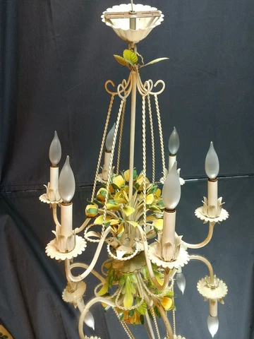 LEMON TOLE! Vintage 6 Arm ITALIAN Chandelier FRENCH COUNTRY Toleware Metal MCM Cover
