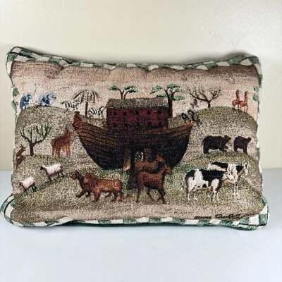 VTG Noahs Ark Tapestry Pillow Carol Endres 18x12 Checkerboard Border Folk Art - Image 1 of 4