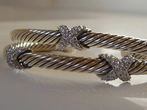 $1950 DAVID YURMAN 18K WHITE GOLD, SS DIAMOND DOUBLE X CROSS CABLE BRACELET 5mm - Picture 1 of 4