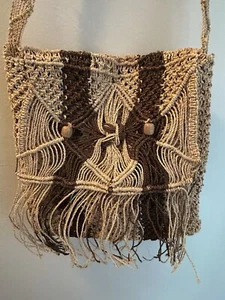 Macrame Purse Handmade Shoulder Bag Vintage Tote Boho Fringe Hippie 10”x13” - Picture 1 of 9