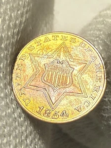 1854/54 Trime 3 Cent Silver, Lustrous BU++ High Grade Toned Tough This Nice - Picture 1 of 2