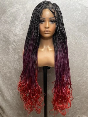 "Peluca trenzada de caja larga de 40"" - Frente de encaje | Gorra de malla sintética con extremos rizados rojos/púrpura" Foto 1 de 4