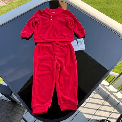 Ralph Lauren 2 Piece Top and Pants Set Boy or Girl 18 Months Bright Red Velour - Image 1 of 4