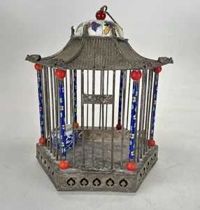 Antica gabbia cinese Cloisonné periodo Qing/Repubblica ottone placcato argento - Foto 1 di 15