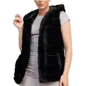Rachel Zoe Faux Fur Hooded Vest Women's Large Black w/Hook & Eye Closure - Picture 1 of 8